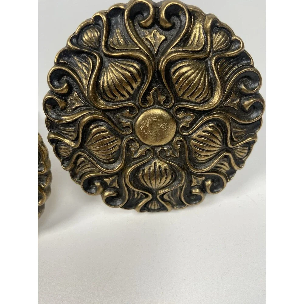 3 Vintage Ornate Brass Round Medallion Curtain Drapery Hold Backs Tiebacks MCM